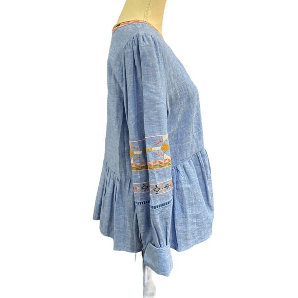 A Loves A Top Womens L Blue Linen Blend Embroidered Tunic Boho Festival‎ Western - Picture 4 of 9